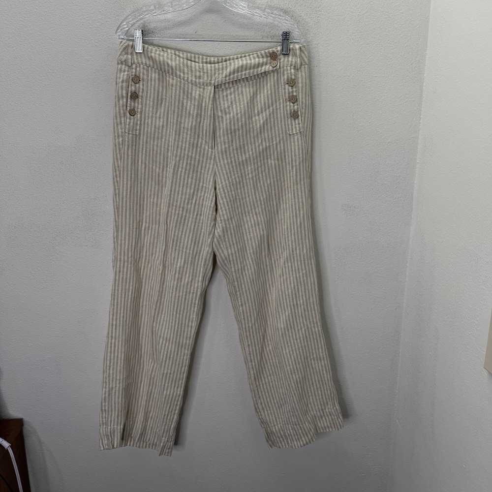 Yuvita 100% Linen Pants Womens L Tan Striped Beachy Coastal Dress Minimalist